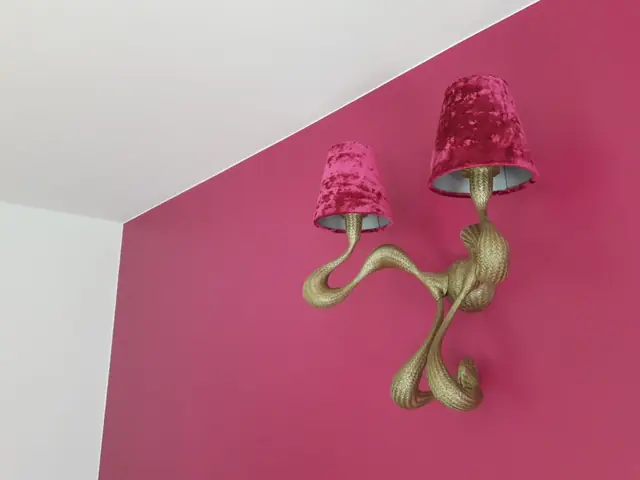 Fuchsiaroze accentmuur met sierlamp, kleuradvies van Schilderwerken Mattheus
